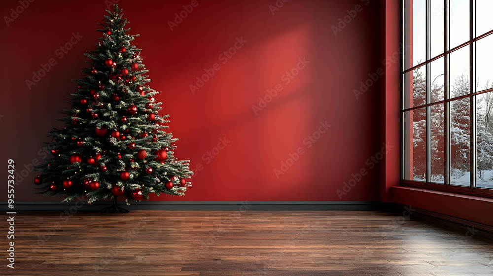 A cozy room with a Christmas tree against a red wall. A cozy room with a Christmas tree against a red wall.