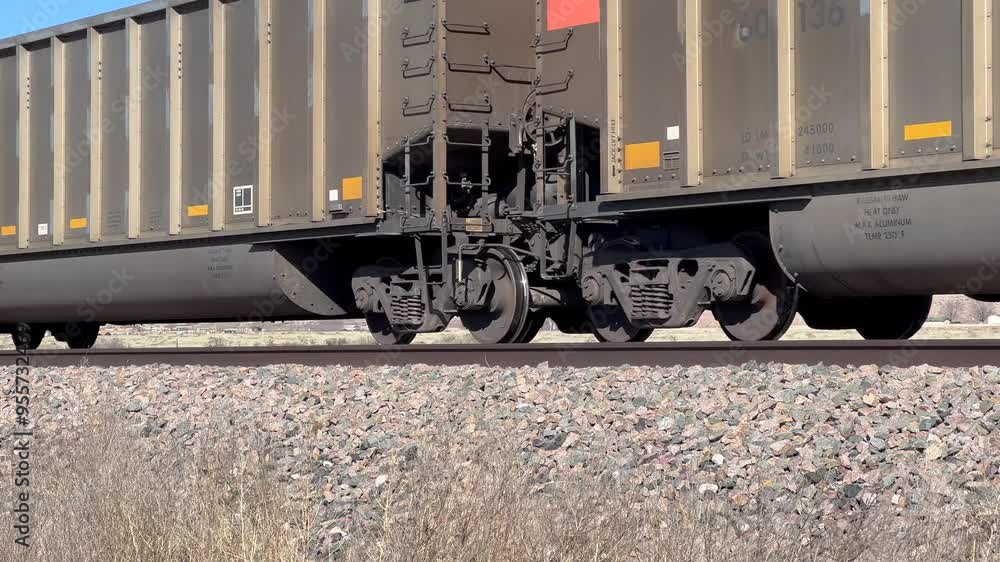 A freight train runs across the desert seen from a low angle, pan focused on wheels while panning left to right A freight train runs across the desert seen from a low angle, pan focused on wheels while panning left to right