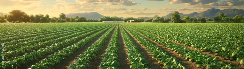 Organic farm, lush green fields with crops, 3D illustration Organic farm, lush green fields with crops, 3D illustration