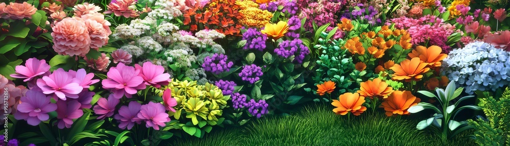 Organic flower garden, vibrant blooms in full array, 3D illustration Organic flower garden, vibrant blooms in full array, 3D illustration