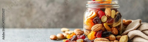 Organic dried fruit and nuts in a glass jar with a clean, natural backdrop and an open space for copy on the right photo