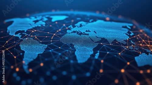 Glowing connections on a digital globe, showing global networking and modern technology. Suited for themes on innovation, data exchange, and digital connectivity.