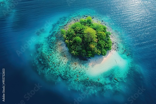 Aerial View of a Lush Island in the Ocean