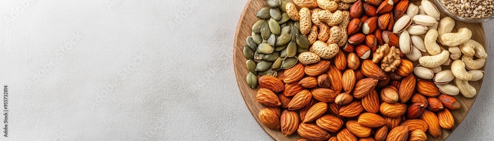 Organic nuts and seeds arranged on a wooden platter with a clear, simple background on the left side for overlay text Organic nuts and seeds arranged on a wooden platter with a clear, simple background on the left side for overlay text
