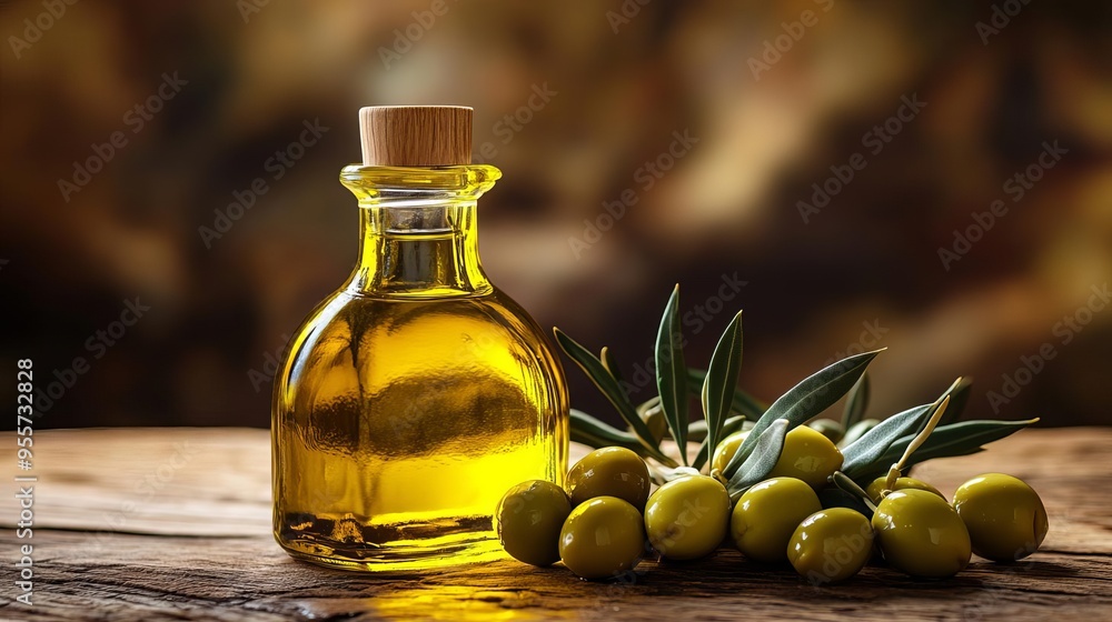 Organic olive oil bottle and fresh olives on a wooden table with a spacious background on the right side Organic olive oil bottle and fresh olives on a wooden table with a spacious background on the right side