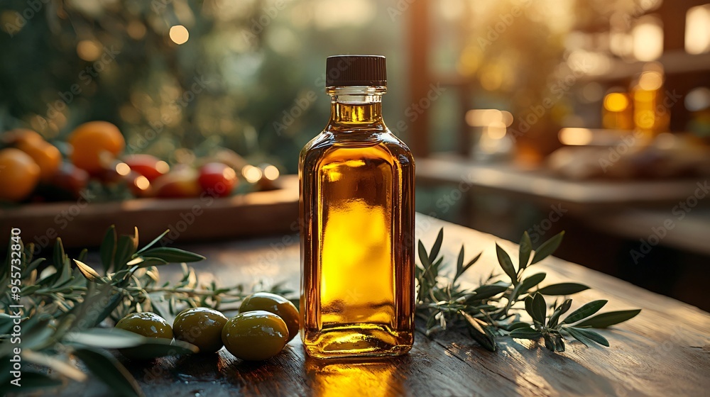 Bottle of golden olive oil sitting on rustic wooden table at sunset