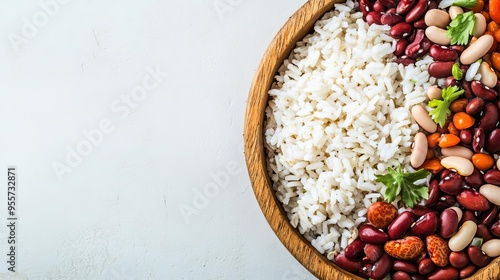 Organic rice and beans in a wooden bowl with a simple background and ample text space on the left side photo