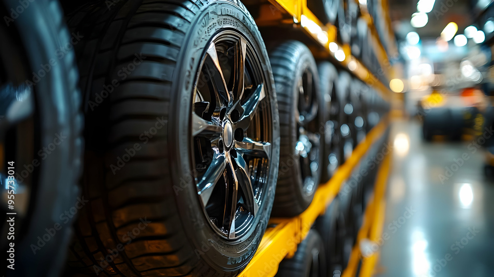 A display of car wheels stacked on shelves in a storage facility. A display of car wheels stacked on shelves in a storage facility.