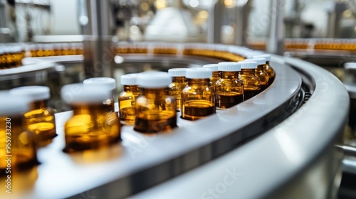 Medical vials on conveyor belt. Pharmaceutical production