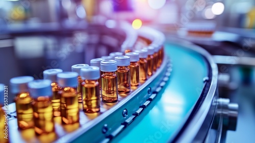 Medical vials on conveyor belt. Pharmaceutical production