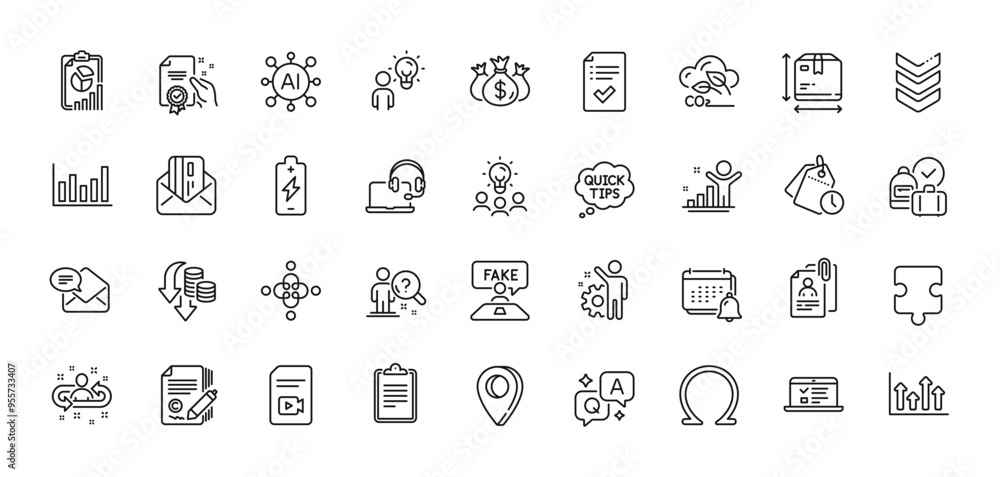 Check investment, Employee and Box size line icons pack. AI, Question and Answer, Map pin icons. Battery charging, Puzzle, Co2 gas web icon. Vector Check investment, Employee and Box size line icons pack. AI, Question and Answer, Map pin icons. Battery charging, Puzzle, Co2 gas web icon. Vector