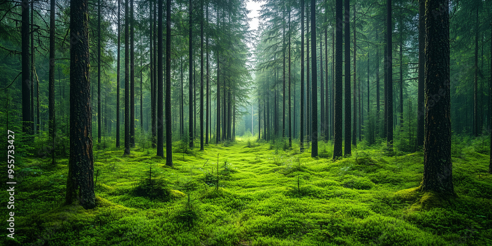 A serene view of a dense fir forest, with tall, straight trees and a lush green forest floor covered in moss. The light filters through the trees, creating a peaceful and mystical atmosphere A serene view of a dense fir forest, with tall, straight trees and a lush green forest floor covered in moss. The light filters through the trees, creating a peaceful and mystical atmosphere