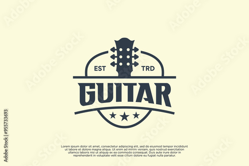 Vintage guitar emblem with pick shape logo design