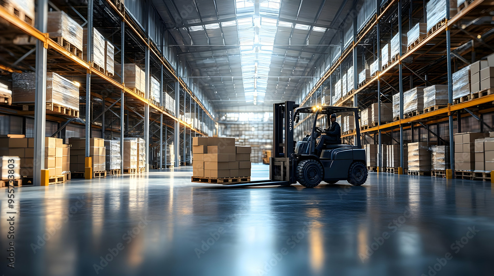 A forklift operating in a spacious warehouse filled with boxes. A forklift operating in a spacious warehouse filled with boxes.