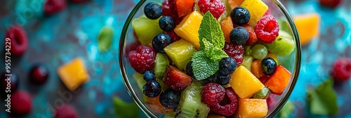 Colorful Fruit Salad Mint Garnish in Glass Bowl