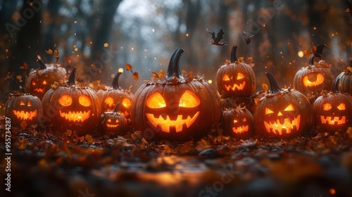 whimsical halloween scene diverse group of children in creative costumes magical glowing jackolanterns enchanted forest backdrop