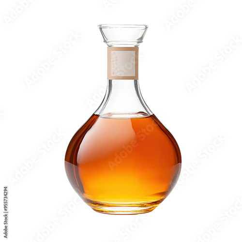 Elegant glass decanter filled with golden whiskey, showcasing luxury and sophistication. Perfect for bar or drink-themed designs.