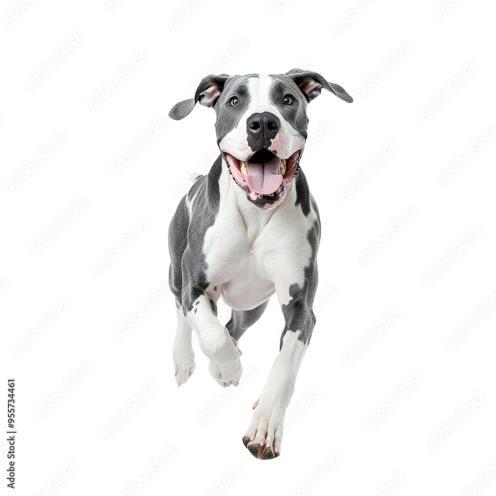 Fototapeta premium Happy black and white dog joyfully running towards the camera against a white background, capturing the essence of excitement and energy.