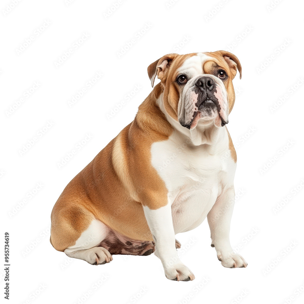 Portrait of a sitting bulldog with a serious expression. Light brown and white coat on a white background. Portrait of a sitting bulldog with a serious expression. Light brown and white coat on a white background.