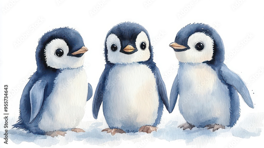 Naklejka premium whimsical watercolor nursery print featuring playful baby penguins in pastel hues minimalist flat style with clean white background and gentle duotone palette