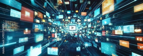 Illustration of a search engine query generating a stream of diverse digital content like articles, videos, and images