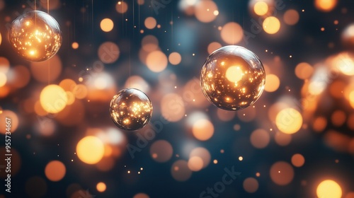 A bunch of shiny gold balls are floating in the air, creating a sparkling and festive atmosphere. The balls are scattered throughout the scene, with some closer to the foreground