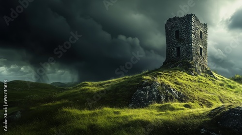 A castle is on a hill with a stormy sky in the background. The castle is surrounded by a lush green field photo