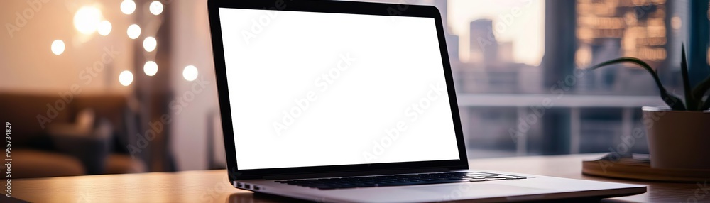 Obraz premium A highresolution photo of a laptop showing a search engine results page, with a spacious background on the right for text placement