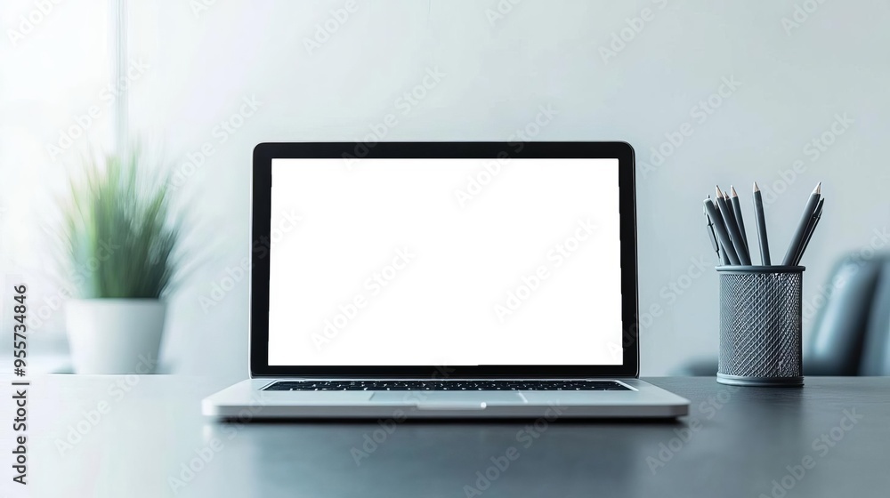 A modern search engine interface displayed on a sleek laptop screen with a clean, professional background and ample space for text on the right A modern search engine interface displayed on a sleek laptop screen with a clean, professional background and ample space for text on the right