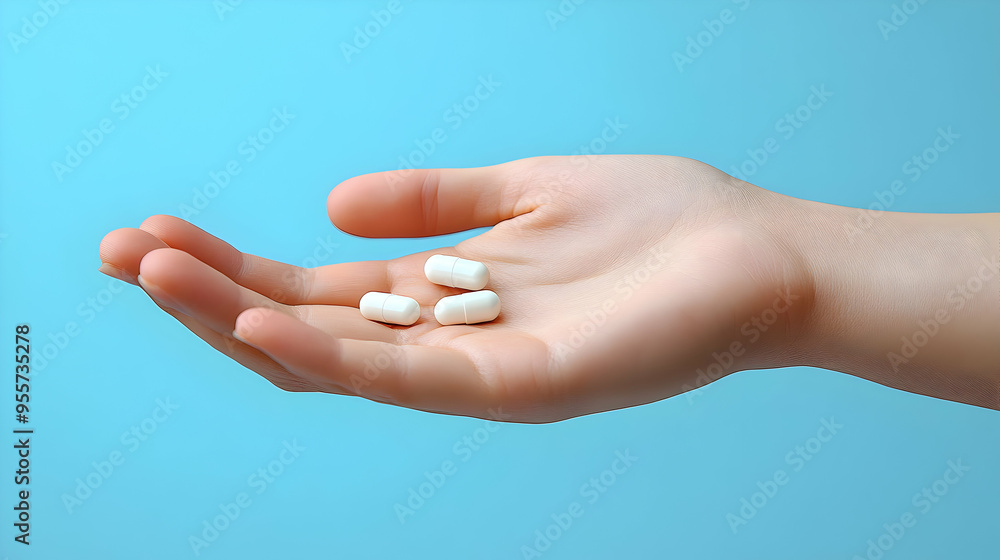 A hand holding three white capsules against a blue background. A hand holding three white capsules against a blue background.
