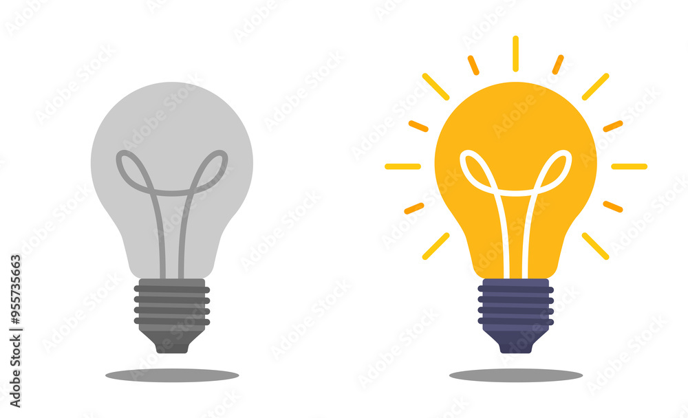 Illustration of turned off and on light bulbs. Gray turned off light bulb and yellow turned on light bulb. Flat design style graphic. Illustration of turned off and on light bulbs. Gray turned off light bulb and yellow turned on light bulb. Flat design style graphic.
