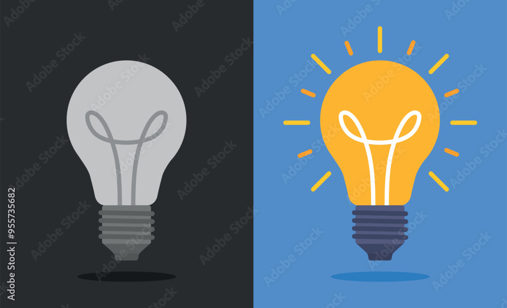 Turned off and on light bulbs. Gray turned off light bulb and yellow turned on light bulb. Flat design style vector. Turned off and on light bulbs. Gray turned off light bulb and yellow turned on light bulb. Flat design style vector.
