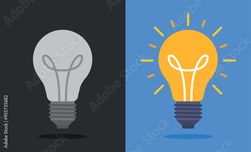 Turned off and on light bulbs.  Gray turned off light bulb and yellow turned on light bulb. Flat design style vector.