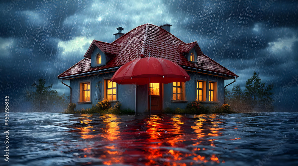 Fototapeta premium A house surrounded by floodwaters under a stormy sky with an umbrella.