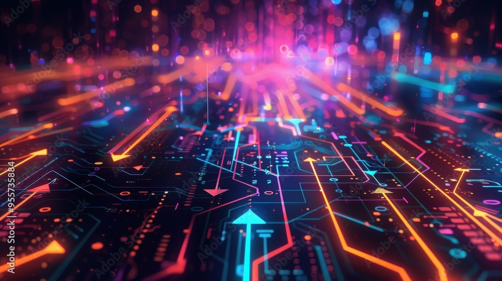 High-quality digital rendering of a glowing circuit board with vibrant arrows, symbolizing technology and data transfer in a futuristic environment.. High-quality digital rendering of a glowing circuit board with vibrant arrows, symbolizing technology and data transfer in a futuristic environment..