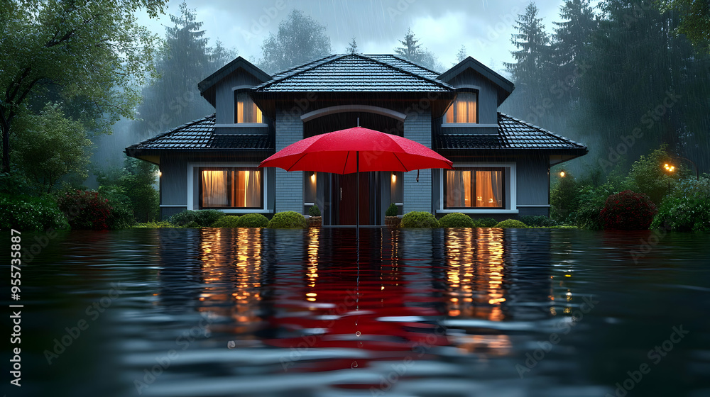 A house surrounded by floodwaters with a red umbrella in view. A house surrounded by floodwaters with a red umbrella in view.