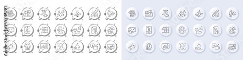 Megaphone, 24h service and Cashback card line icons. White pin 3d buttons, chat bubbles icons. Pack of Crane claw machine, Candlestick chart, Like icon. Vector