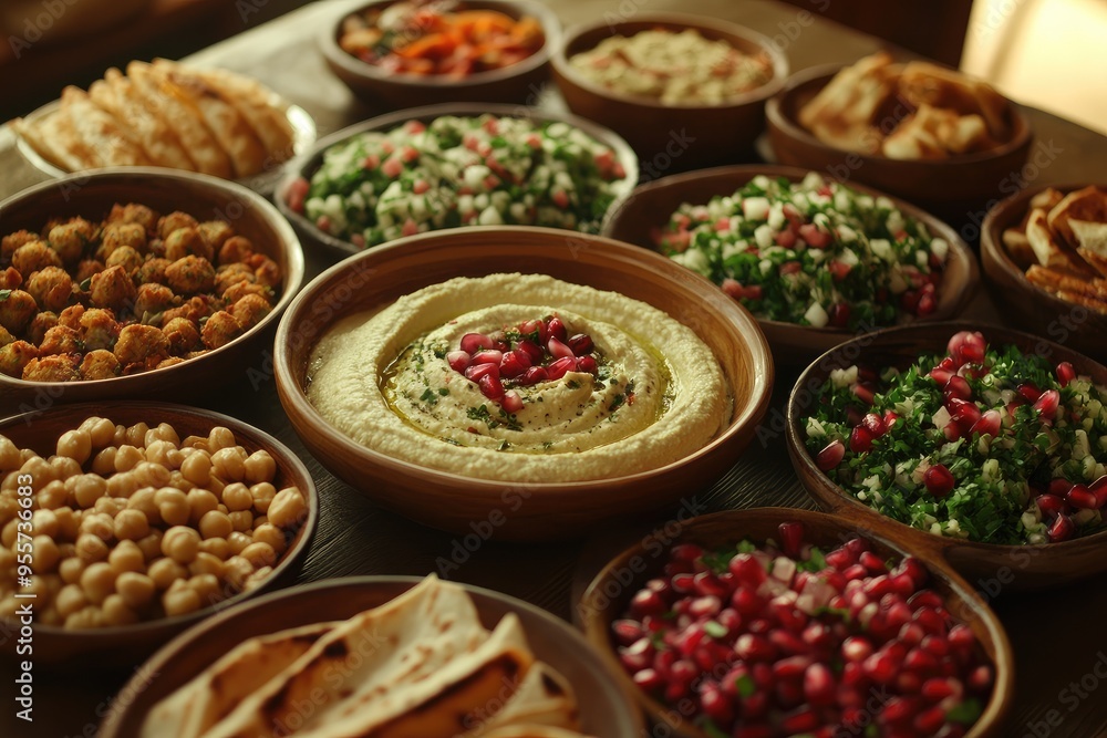 A table full of Middle Eastern dishes, including hummus, salad, and bread. This photo showcases traditional Middle Eastern cuisine, perfect for illustrating articles about food, culture, or travel. A table full of Middle Eastern dishes, including hummus, salad, and bread. This photo showcases traditional Middle Eastern cuisine, perfect for illustrating articles about food, culture, or travel.