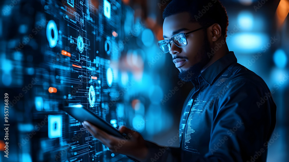 A man analyzes data on a tablet in a tech-focused environment. A man analyzes data on a tablet in a tech-focused environment.