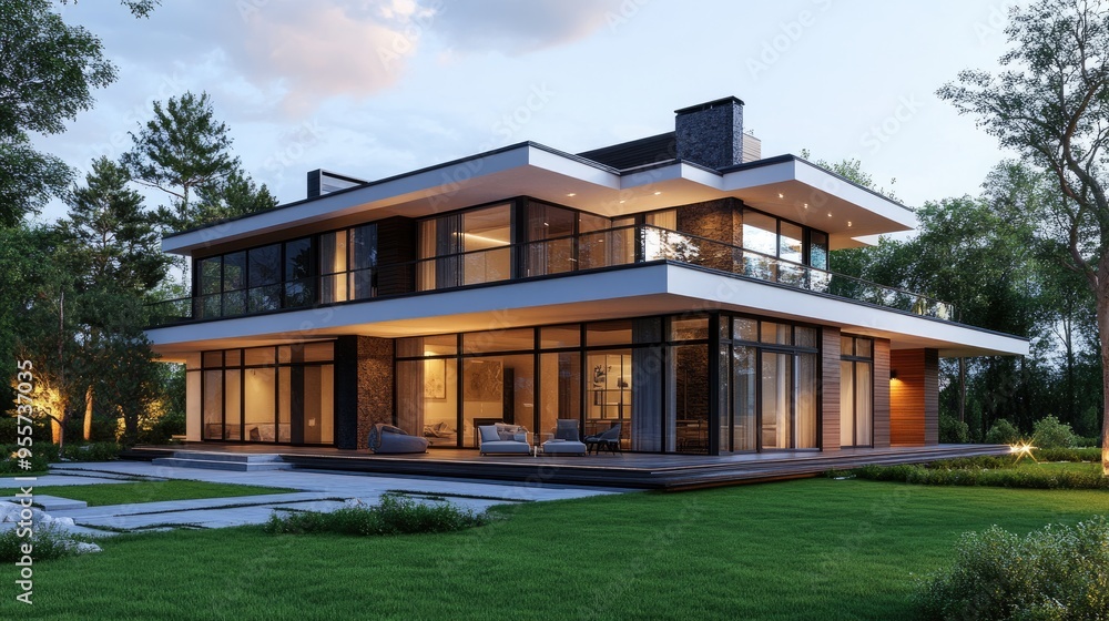Modern house with large windows. This image is perfect for showcasing contemporary architecture and luxurious living. Modern house with large windows. This image is perfect for showcasing contemporary architecture and luxurious living.