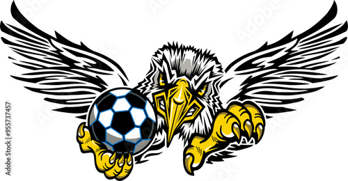 eagles mascot with wings holding a soccer ball for school, college or league sports