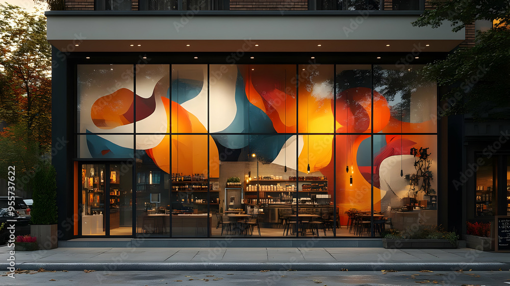 A modern café with vibrant mural and inviting interior design. A modern café with vibrant mural and inviting interior design.