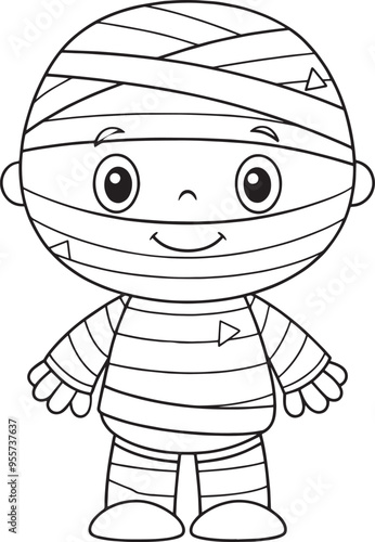 Cute mummy character, black and white Halloween illustration. Wrapped in bandages, perfect for kids' Halloween activities, coloring books, or as a graphic element for festive designs