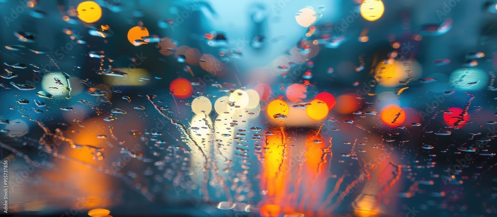 Naklejka premium Blurred Background Street Lights Through The Windshield With Rain Drops