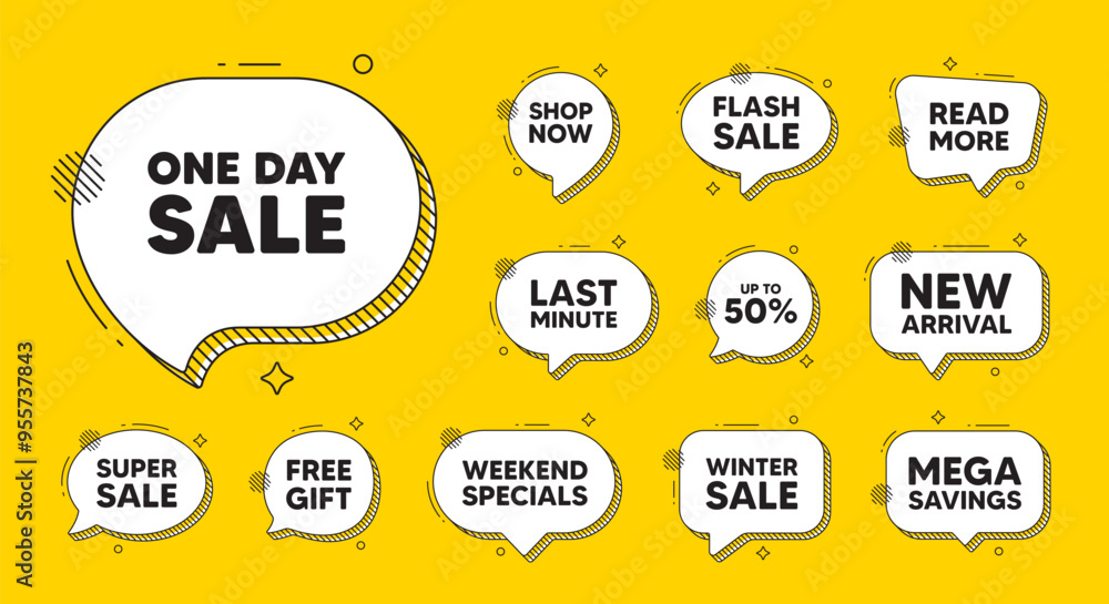 Obraz premium Offer speech bubble icons. One day sale tag. Special offer price sign. Advertising Discounts symbol. One day chat offer. Speech bubble discount banner. Text box balloon. Vector