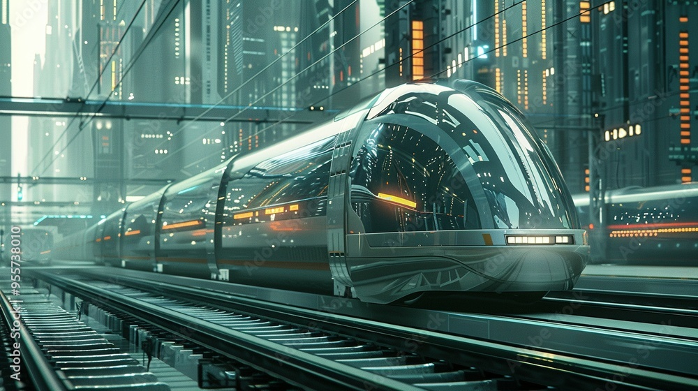 Futuristic High-Speed Train Traveling Through a Modern Cityscape Futuristic High-Speed Train Traveling Through a Modern Cityscape