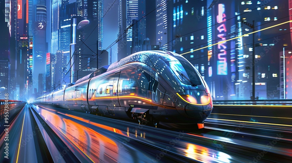 Futuristic High-Speed Train Traveling Through a Neon-Lit City at Night Futuristic High-Speed Train Traveling Through a Neon-Lit City at Night