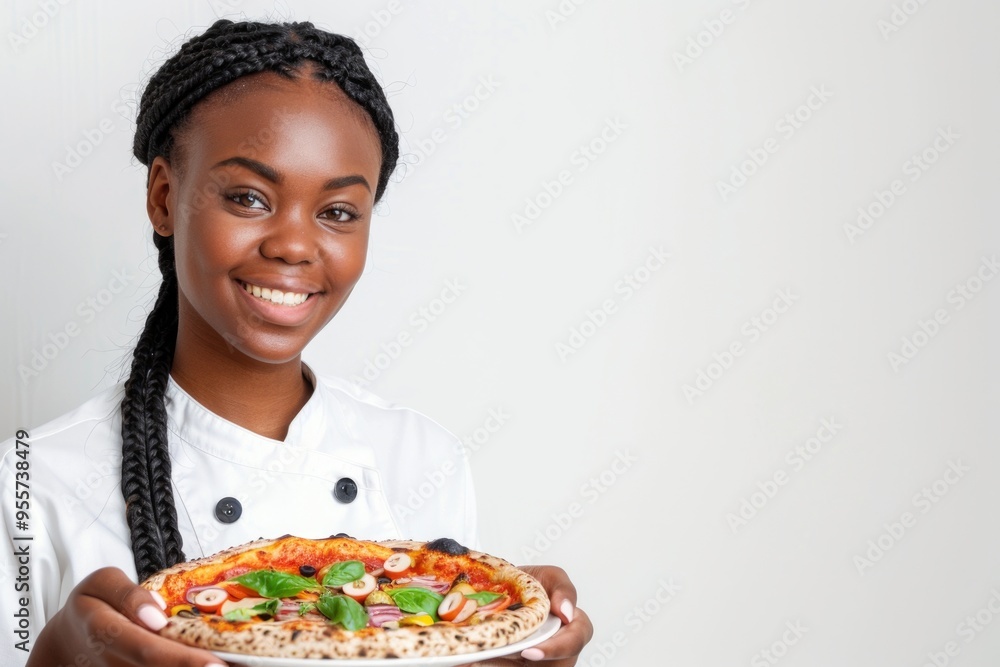 Smiling chef presents freshly baked pizza with basil toppings in modern kitchen Smiling chef presents freshly baked pizza with basil toppings in modern kitchen