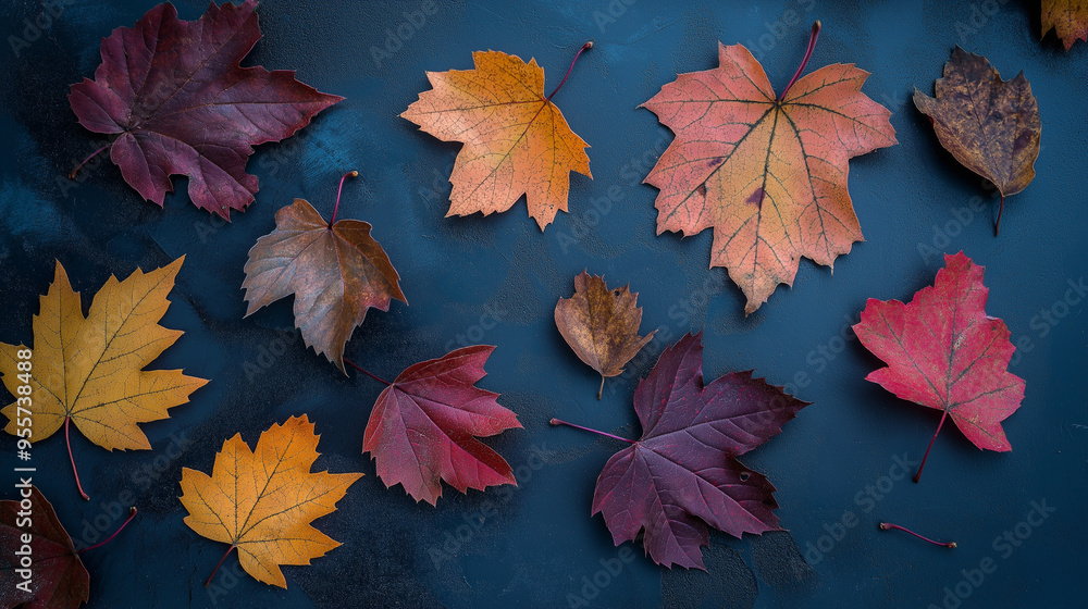 autumn leaves, like maple and oak, in various shades of orange, red, and yellow against an isolated muted blue background autumn leaves, like maple and oak, in various shades of orange, red, and yellow against an isolated muted blue background