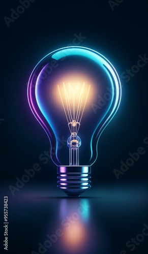 Cool tones holographic glowing lightbulb with copy space.